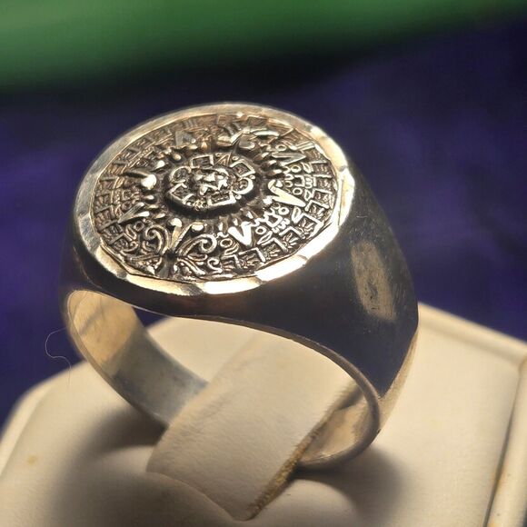 Mayan Calendar Vintage Sterling Silver Ring Sz 10 - Picture 2 of 5